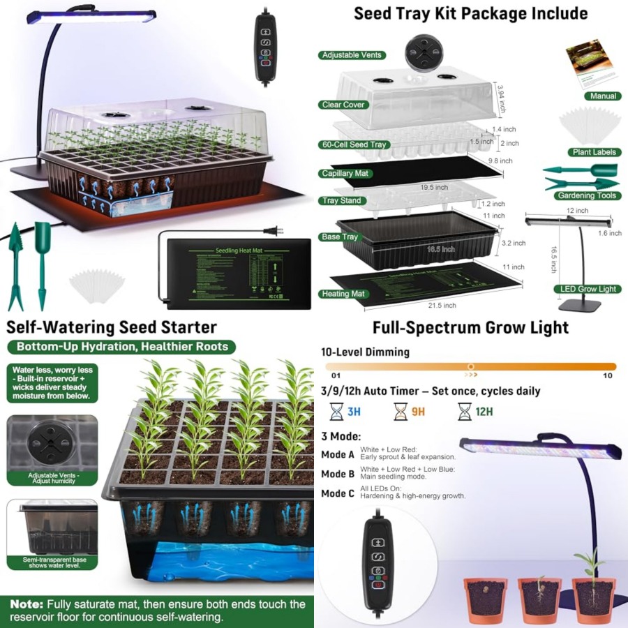 Seed Starter Tray Kit With Grow Light - 60-Cell Self-Watering Seed Starter Kit with